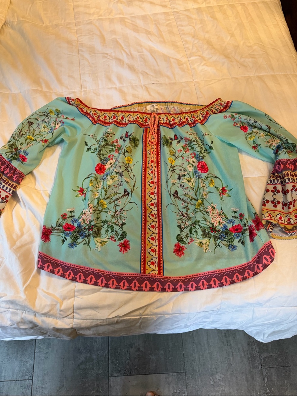 Umgee Aqua Floral Off-Shoulder Boho Blouse